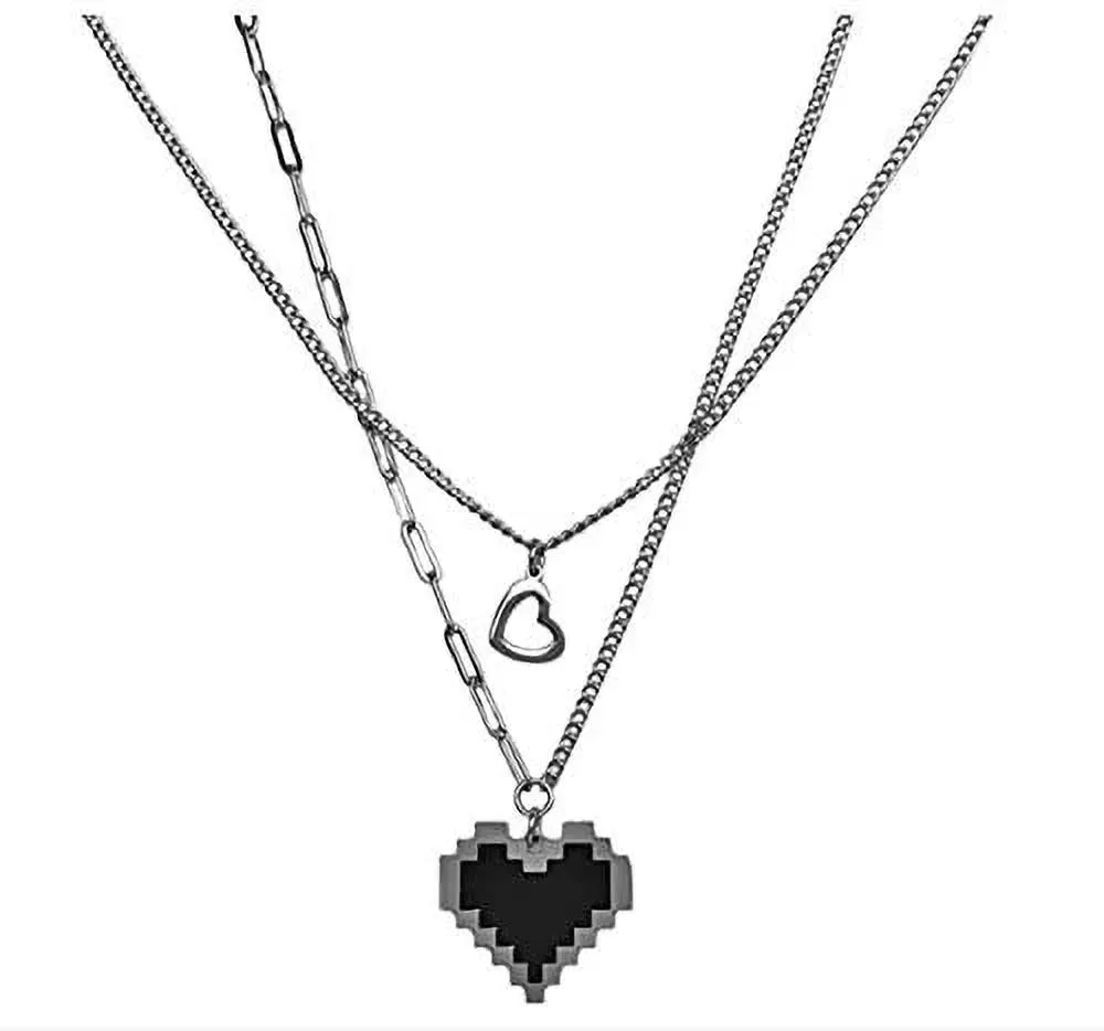 Borscht Pixelated Heart Pendant Layered Chain