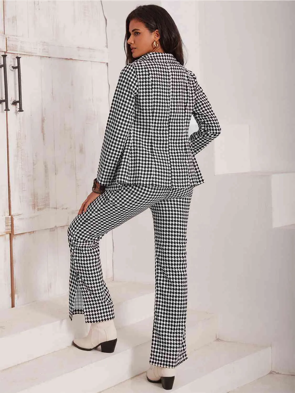 Checkered Blazer & Slit Pants Set