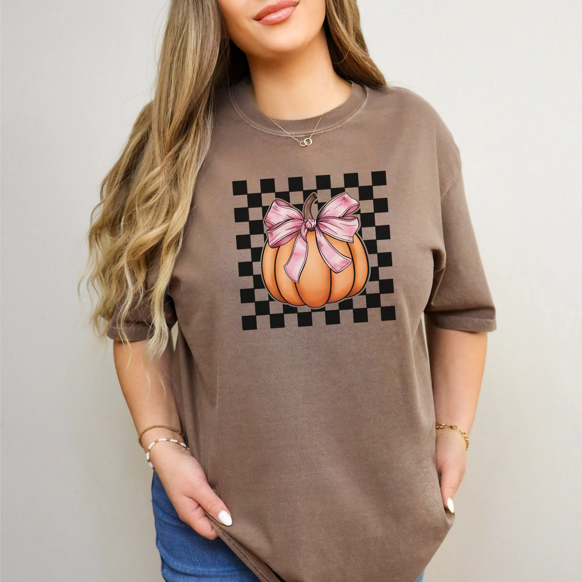 Checkered Pumpkin Pink Bow Coquette Shirt