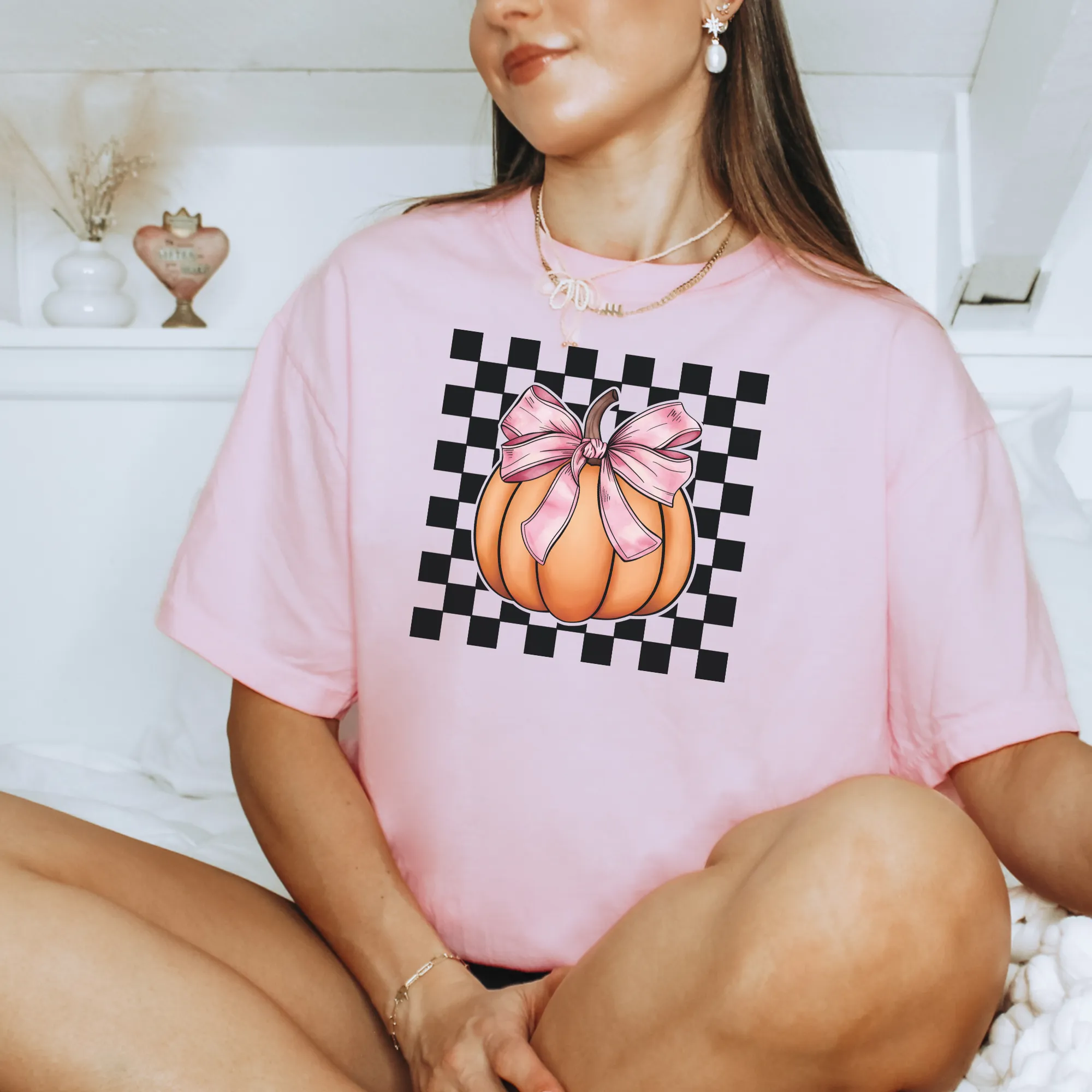 Checkered Pumpkin Pink Bow Coquette Shirt