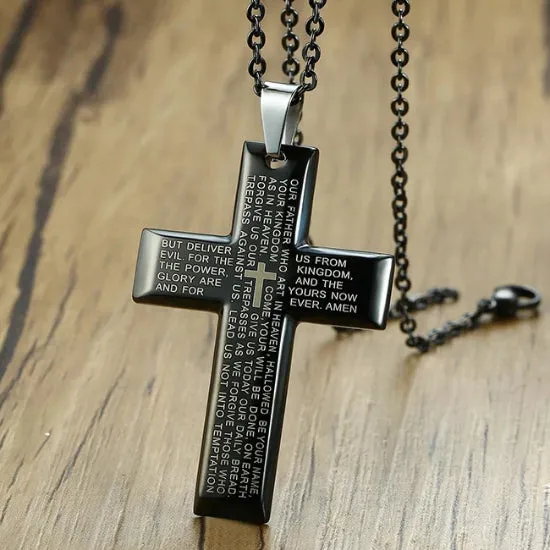 Classy Men Black Bible Verse Cross Pendant Necklace