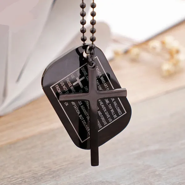 Classy Men Black Lord's Prayer Cross Pendant Necklace