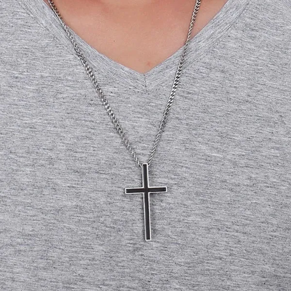 Classy Men Black Silver Christian Cross Pendant Necklace