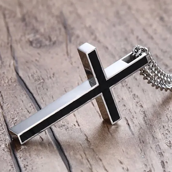 Classy Men Black Silver Christian Cross Pendant Necklace