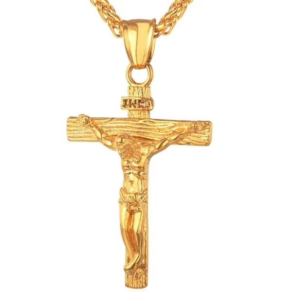 Classy Men Gold Jesus INRI Cross Crucifix Pendant Necklace