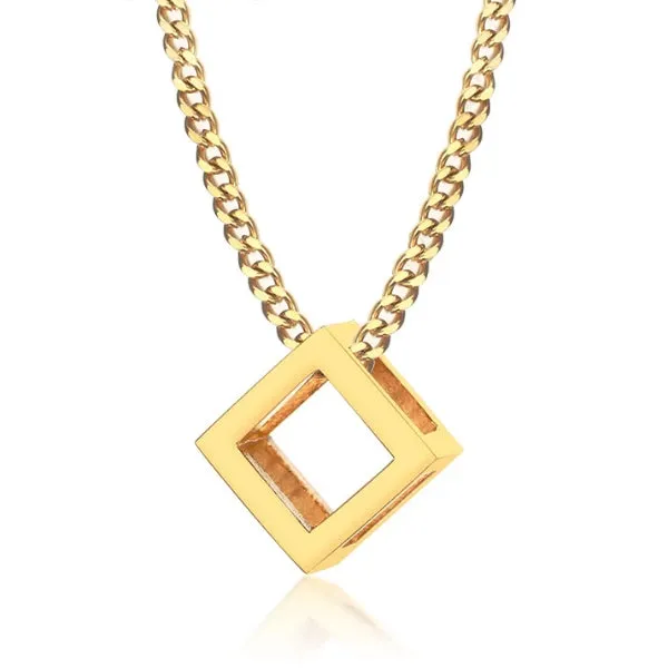 Classy Men Gold Square Cube Pendant Necklace