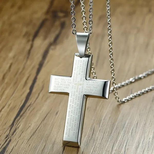 Classy Men Silver Bible Verse Cross Pendant Necklace