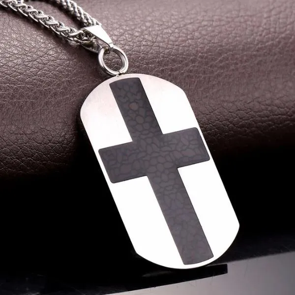 Classy Men Silver Cross Dog Tag Pendant Necklace