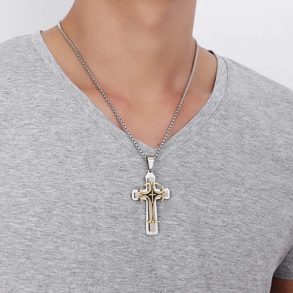 Classy Men Silver Gold Designer Syriac Cross Pendant Necklace