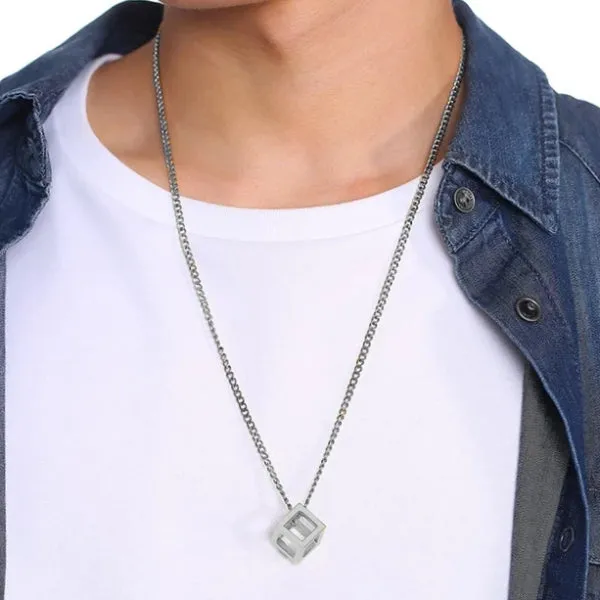 Classy Men Silver Square Cube Pendant Necklace