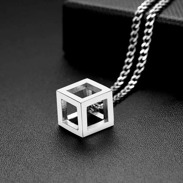 Classy Men Silver Square Cube Pendant Necklace