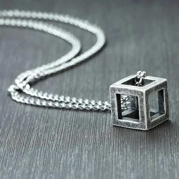 Classy Men Worn Silver Square Cube Pendant Necklace