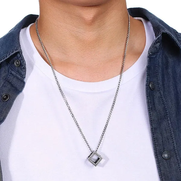 Classy Men Worn Silver Square Cube Pendant Necklace