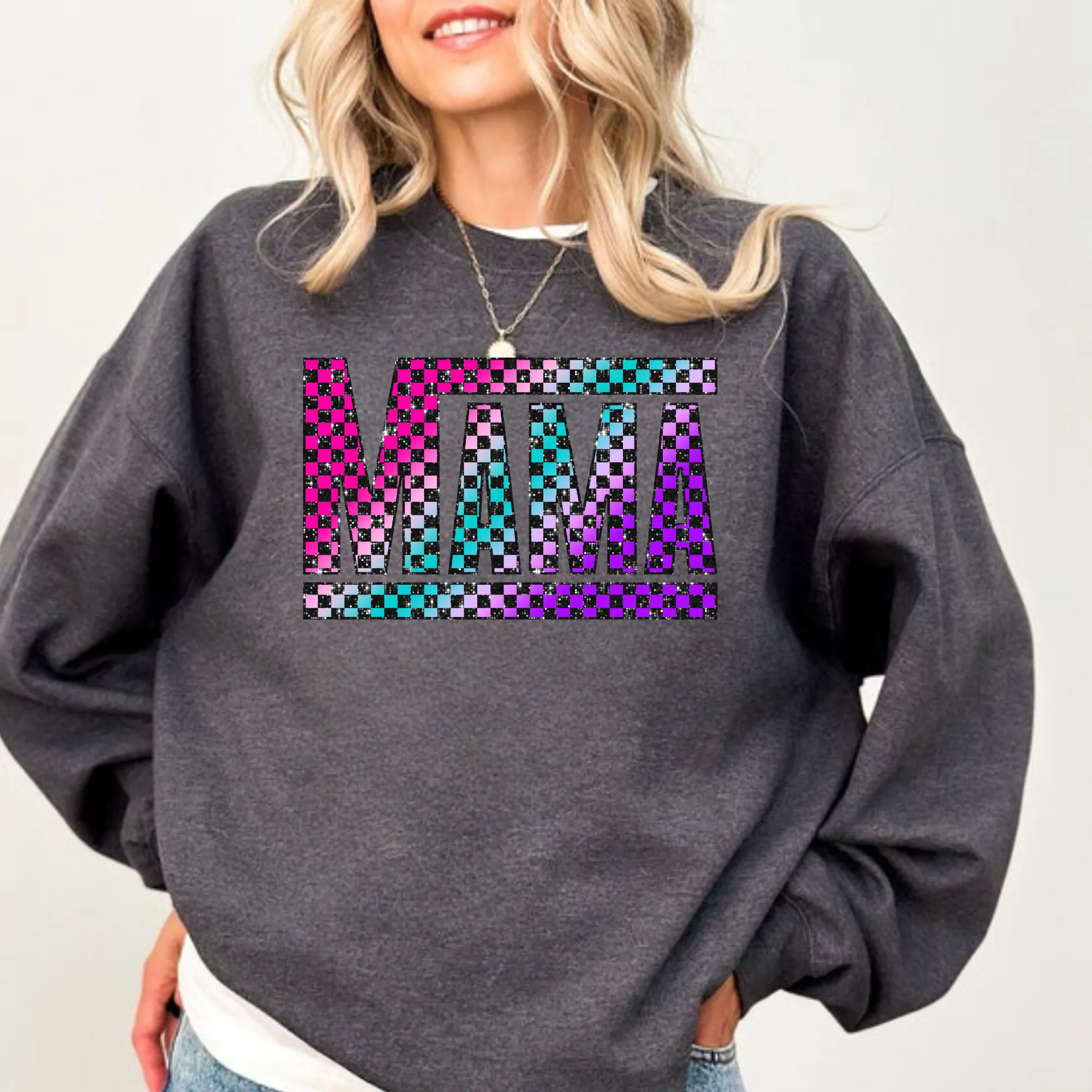 Color Retro Checkerboard Mama Crewneck