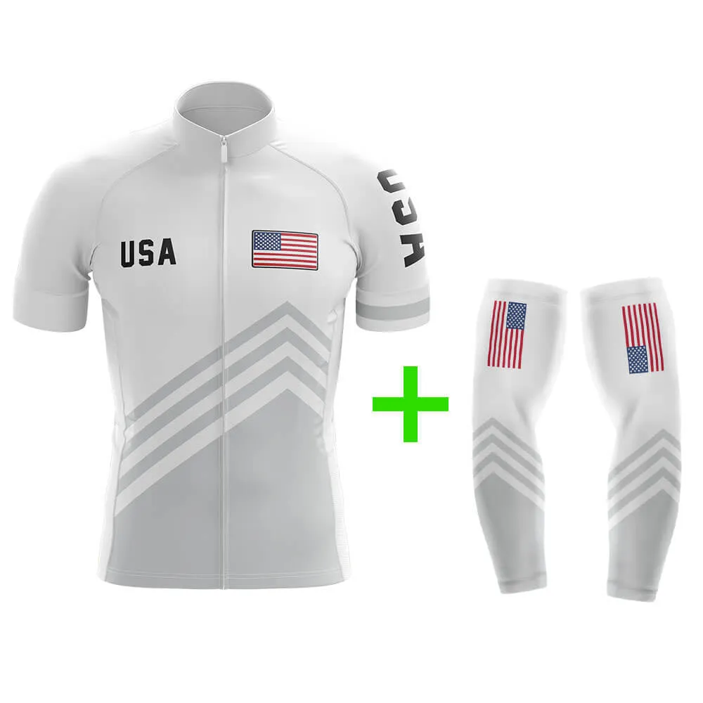 Cool Cycling Jersey With Arm Sleeves USA S5 White Grey American Mens Bike Jersey