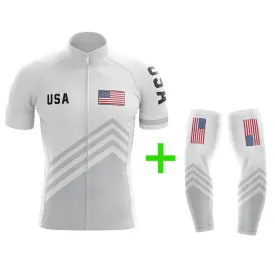 Cool Cycling Jersey With Arm Sleeves USA S5 White Grey American Mens Bike Jersey