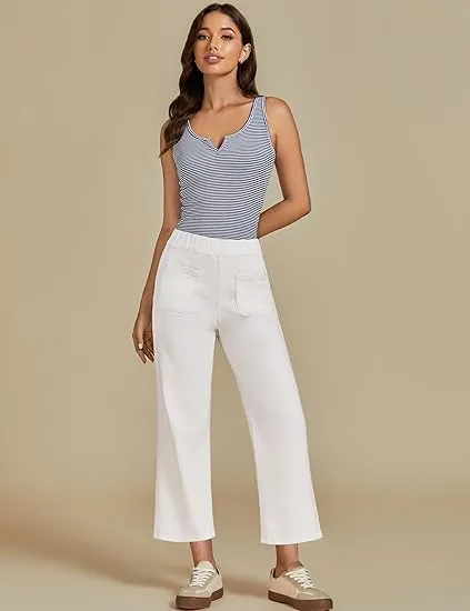 Cream White Women's Cropped Denim High Waisted Jeans Stretch Wide Leg