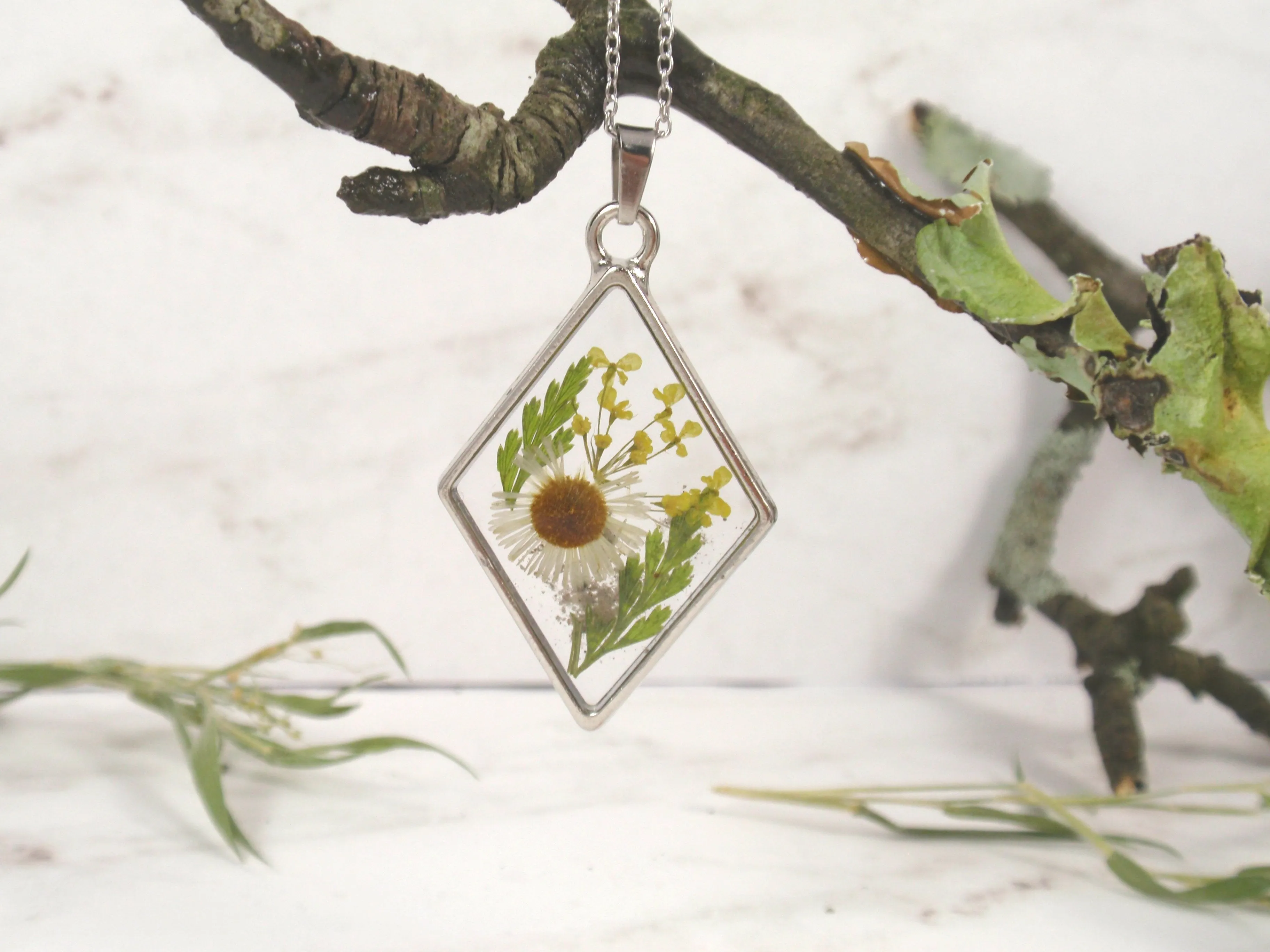 Daisy Rhombus Memorial Pendant with Infused Cremains