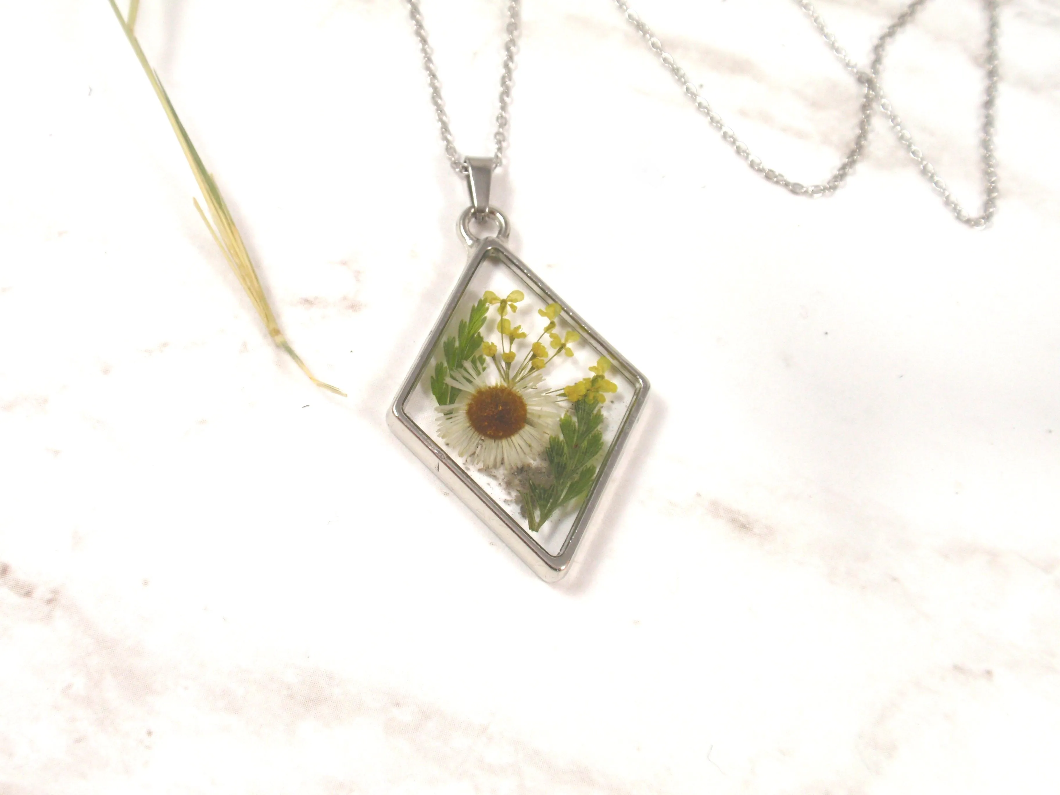 Daisy Rhombus Memorial Pendant with Infused Cremains