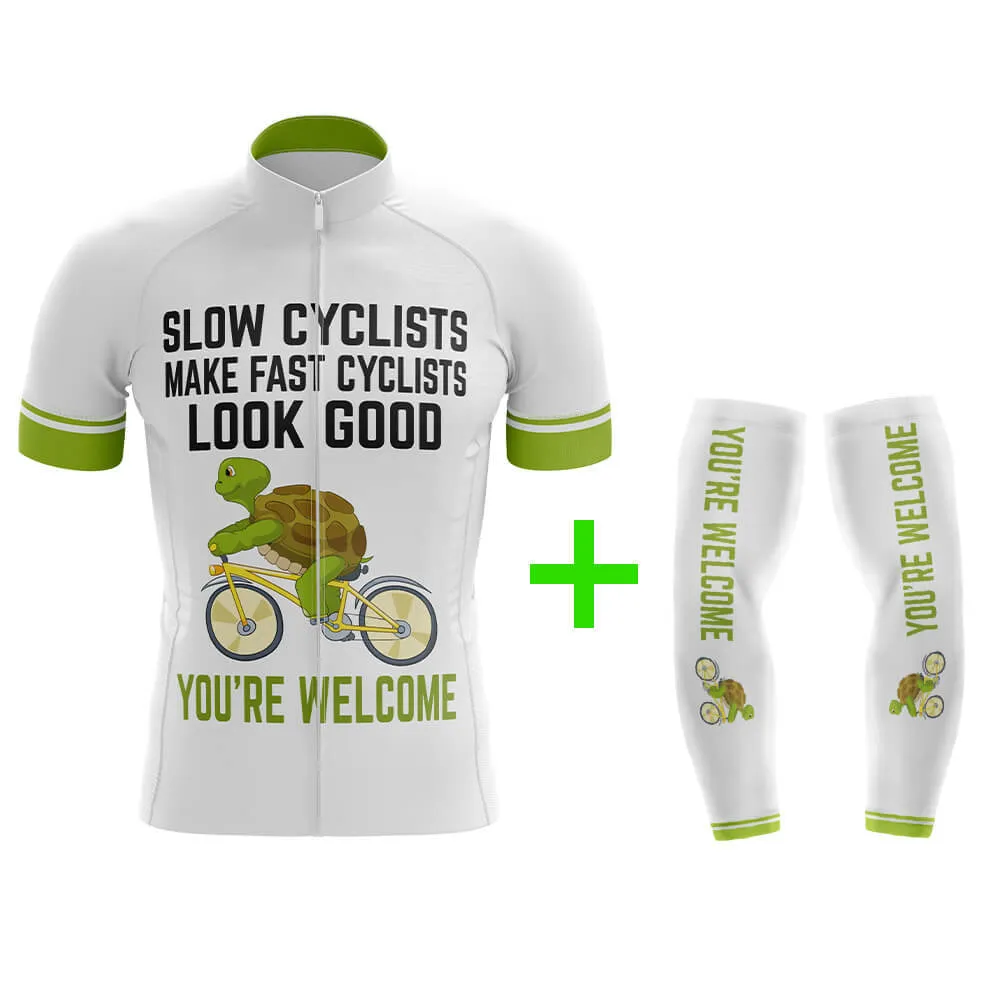 Funny Cycling Jersey With Arm Sleeves Slow Cyclist White Green Mens Bike Jersey