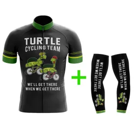 Funny Cycling Jersey With Arm Sleeves Turtle Cycling Team V2 Black Green Mens Bike Jersey