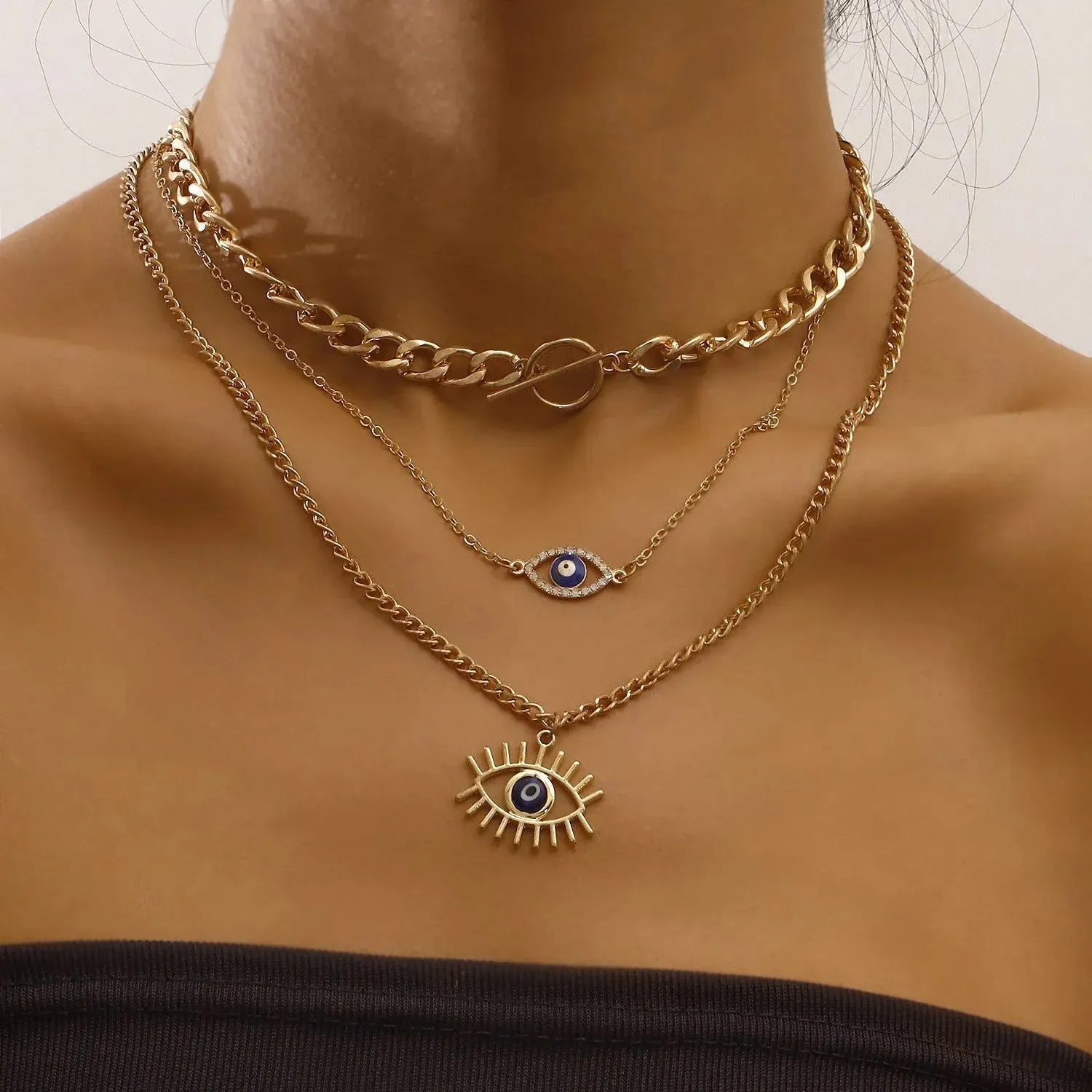 Gold Plated Cubic Zircon Decor Blue Evil Eye Charm Multi-Layered Necklace Alloy Necklace