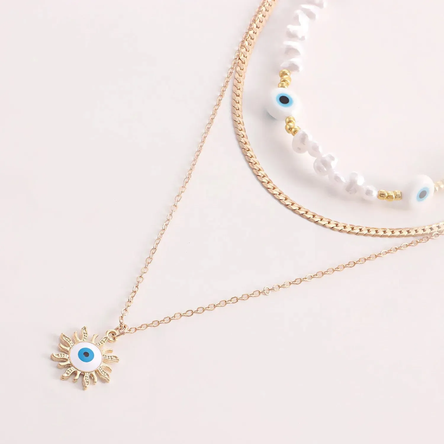 Gold Plated Multiple White Evil Eye With Sunflower Charm Necklace Alloy Necklace