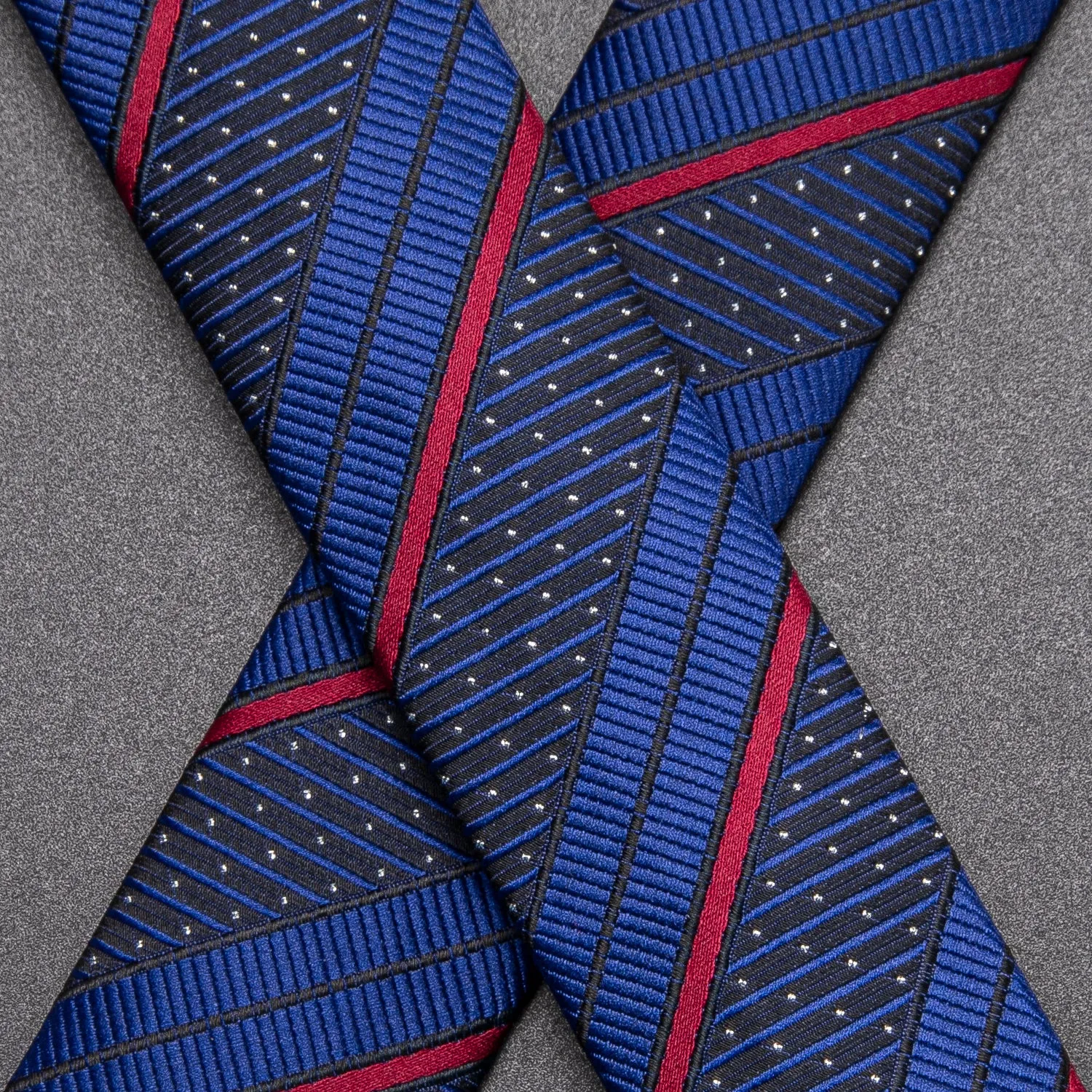 Hi-Tie Blue Red Striped Mens Suspenders Bow Tie Hanky Cufflinks Set