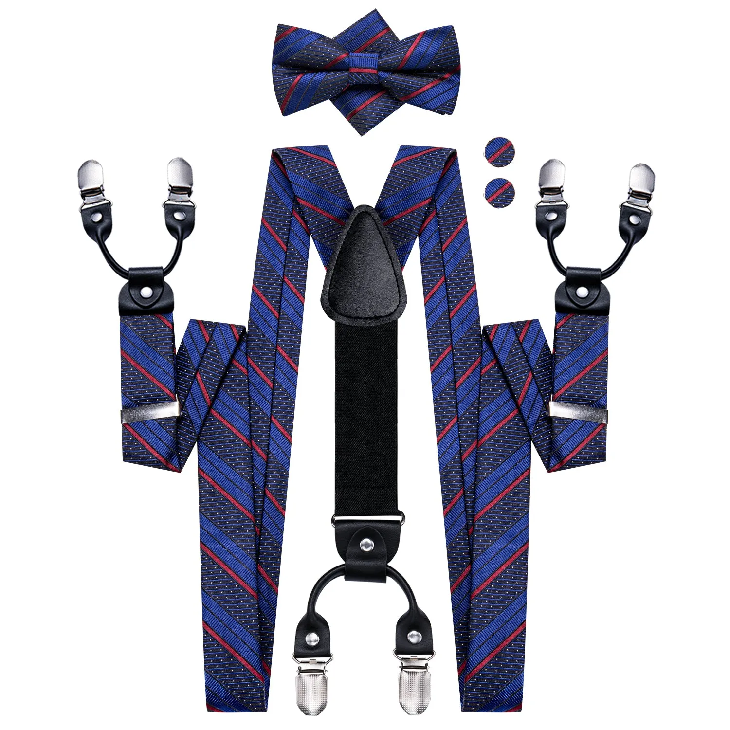 Hi-Tie Blue Red Striped Mens Suspenders Bow Tie Hanky Cufflinks Set