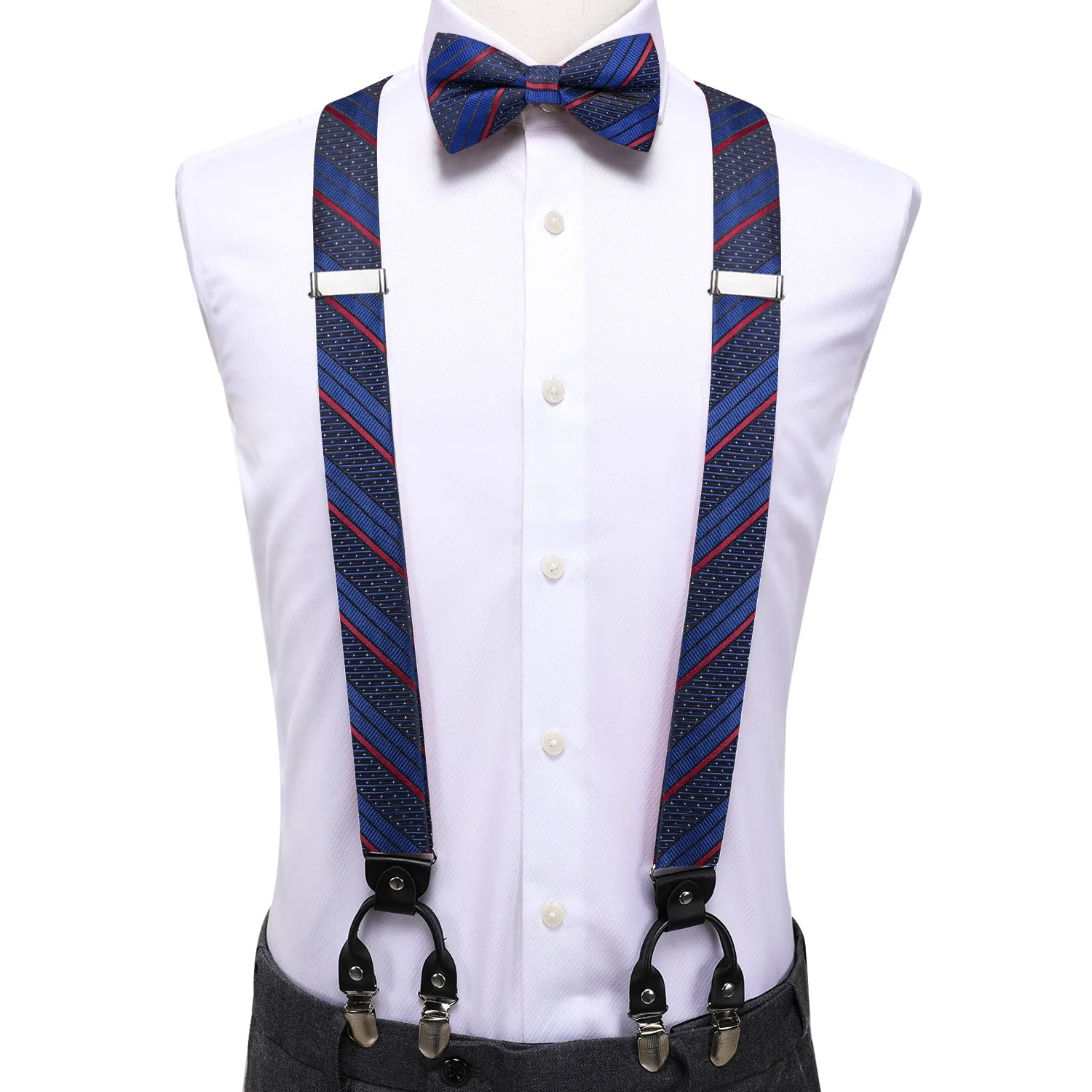 Hi-Tie Blue Red Striped Mens Suspenders Bow Tie Hanky Cufflinks Set