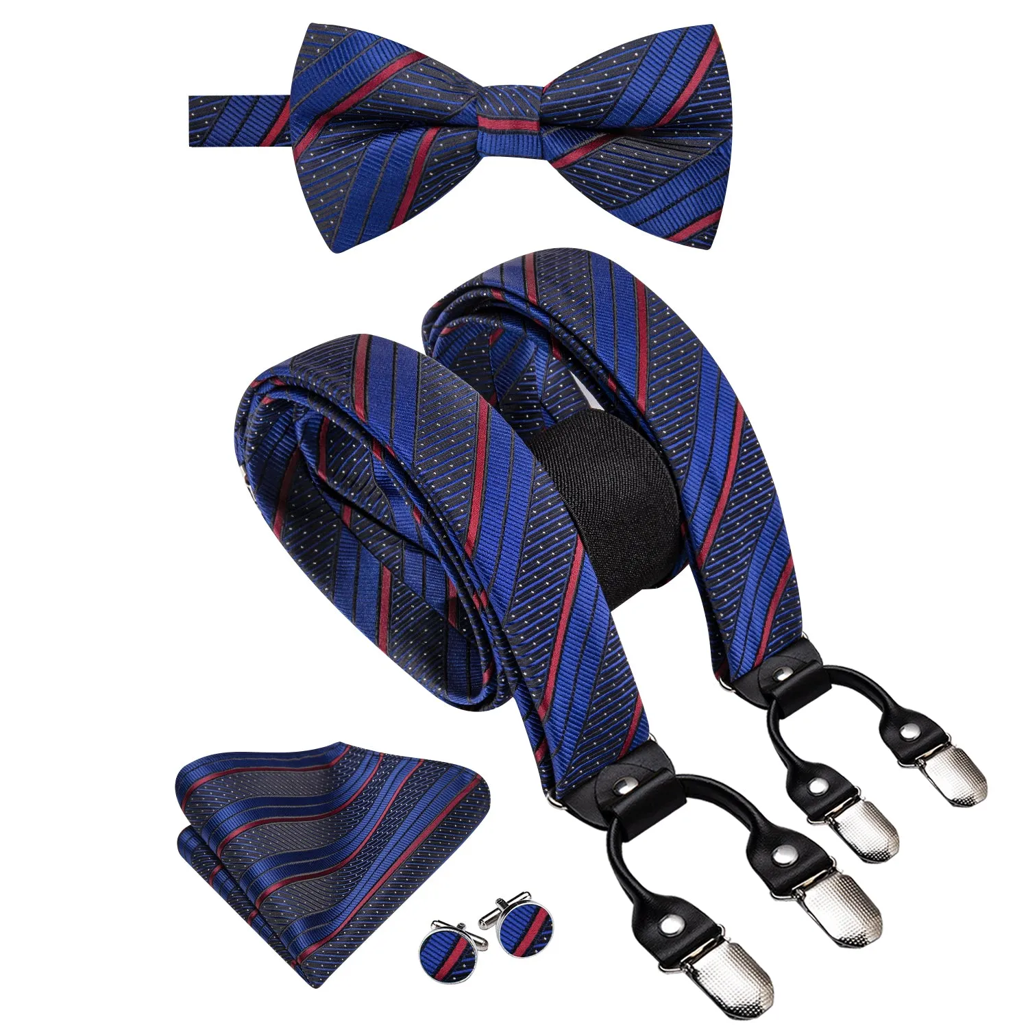 Hi-Tie Blue Red Striped Mens Suspenders Bow Tie Hanky Cufflinks Set