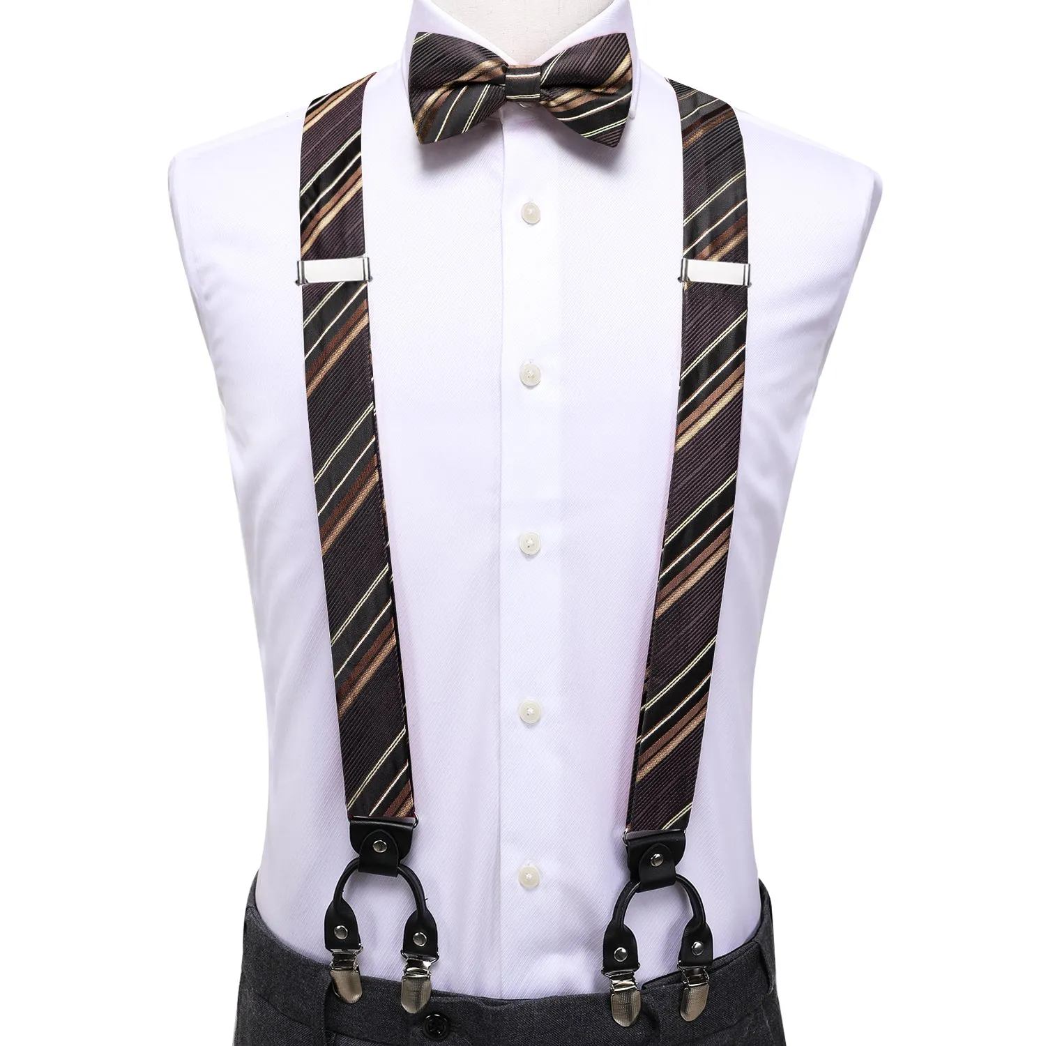 Hi-Tie Mens Brown Striped Silk Suspender Bowtie Hanky Cufflinks Set