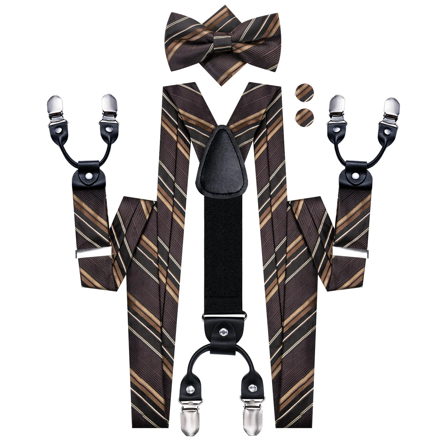 Hi-Tie Mens Brown Striped Silk Suspender Bowtie Hanky Cufflinks Set