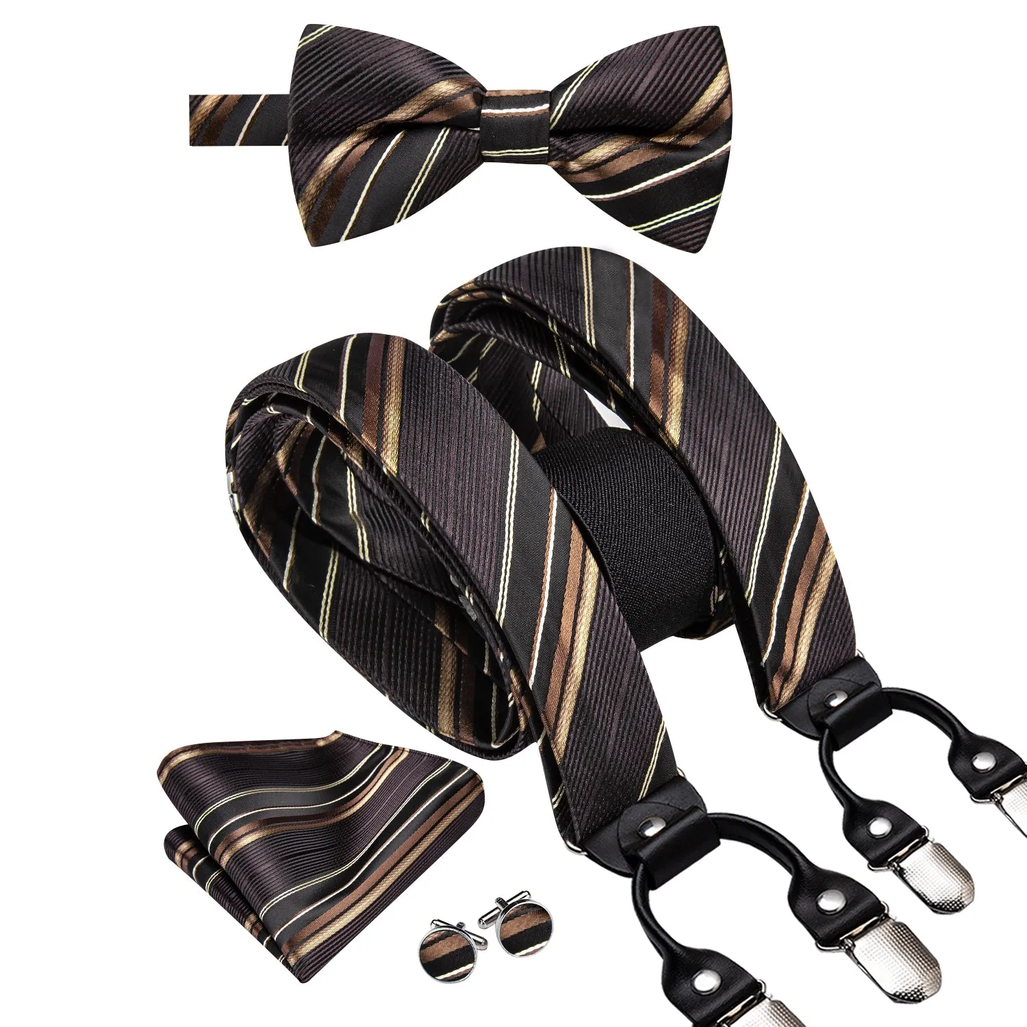 Hi-Tie Mens Brown Striped Silk Suspender Bowtie Hanky Cufflinks Set