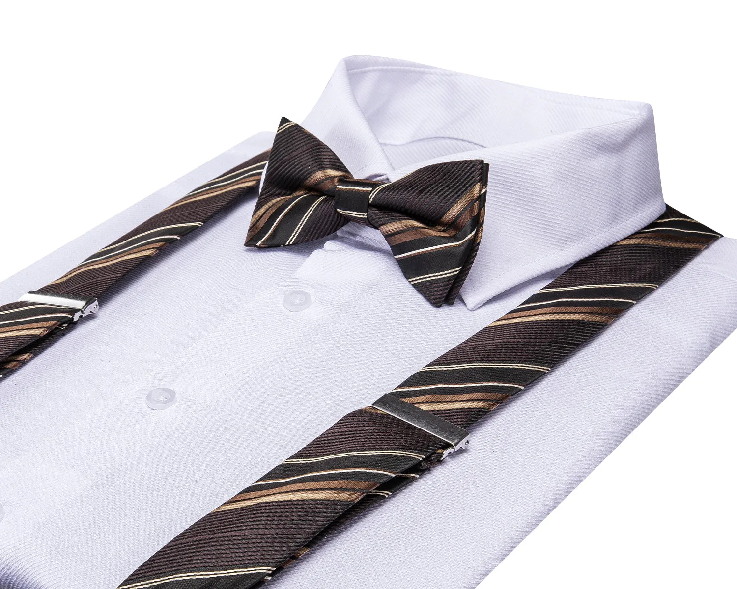 Hi-Tie Mens Brown Striped Silk Suspender Bowtie Hanky Cufflinks Set