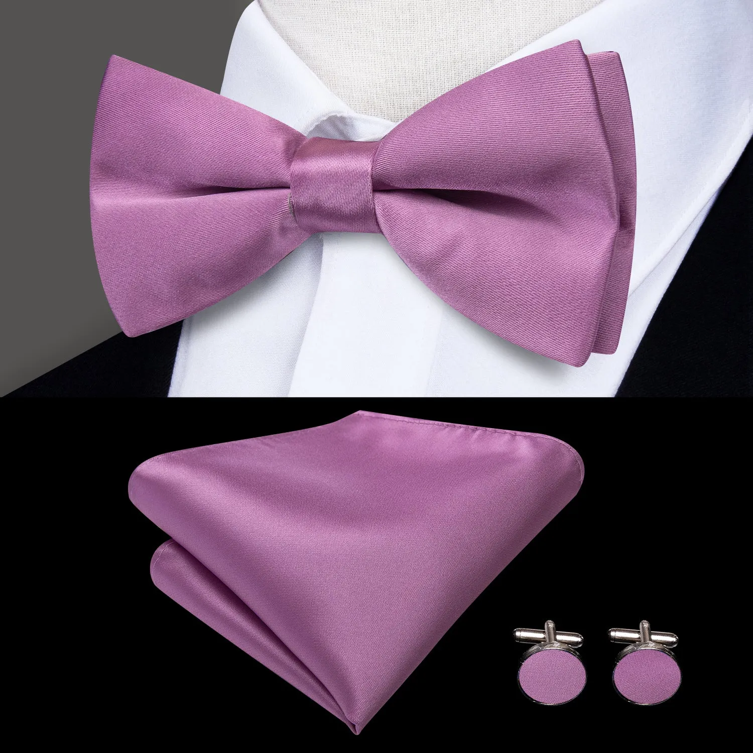 Hi-Tie Mens Purple Solid Silk Suspender Bowtie Hanky Cufflinks Set