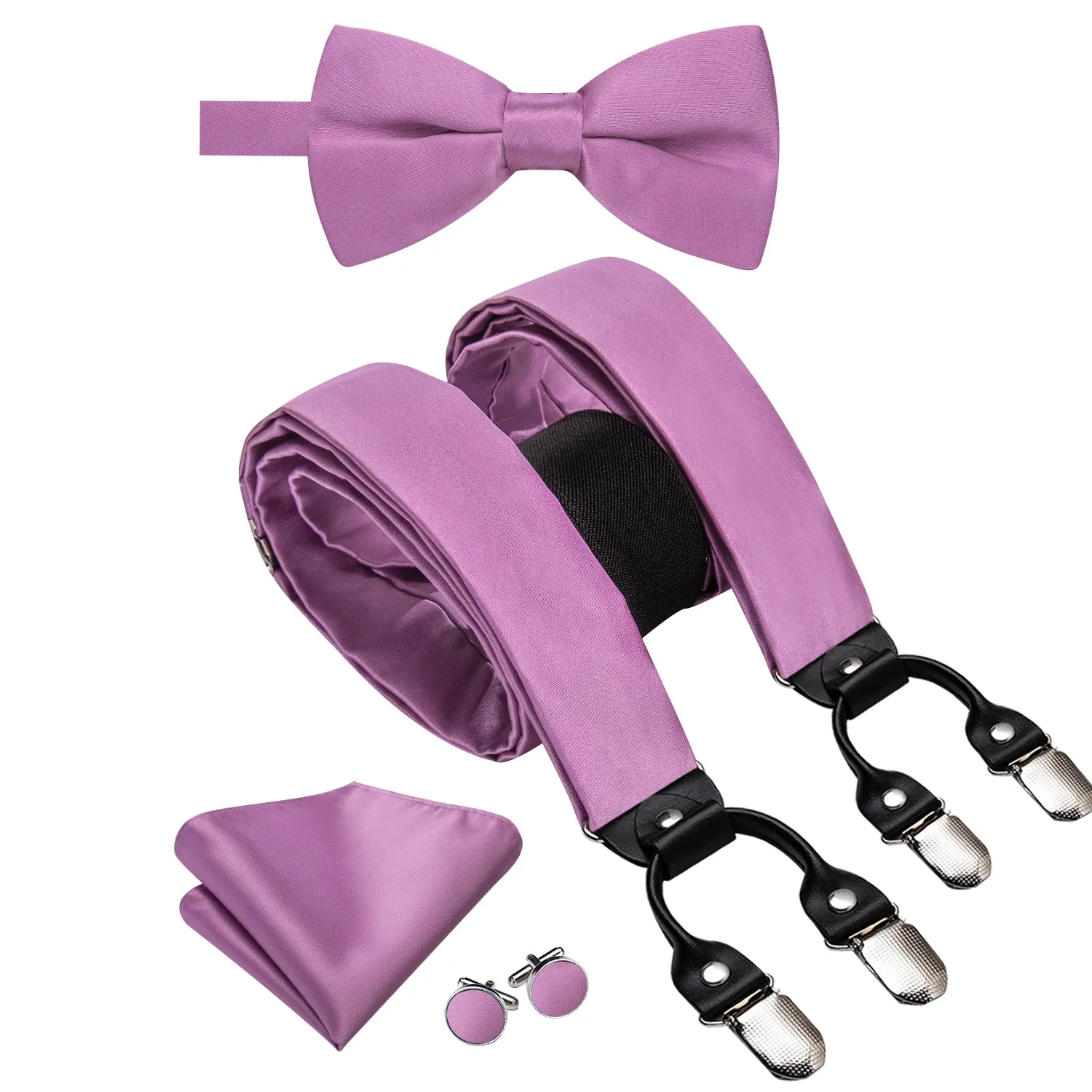 Hi-Tie Mens Purple Solid Silk Suspender Bowtie Hanky Cufflinks Set