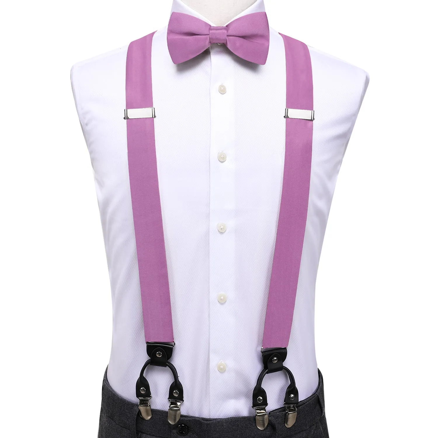 Hi-Tie Mens Purple Solid Silk Suspender Bowtie Hanky Cufflinks Set