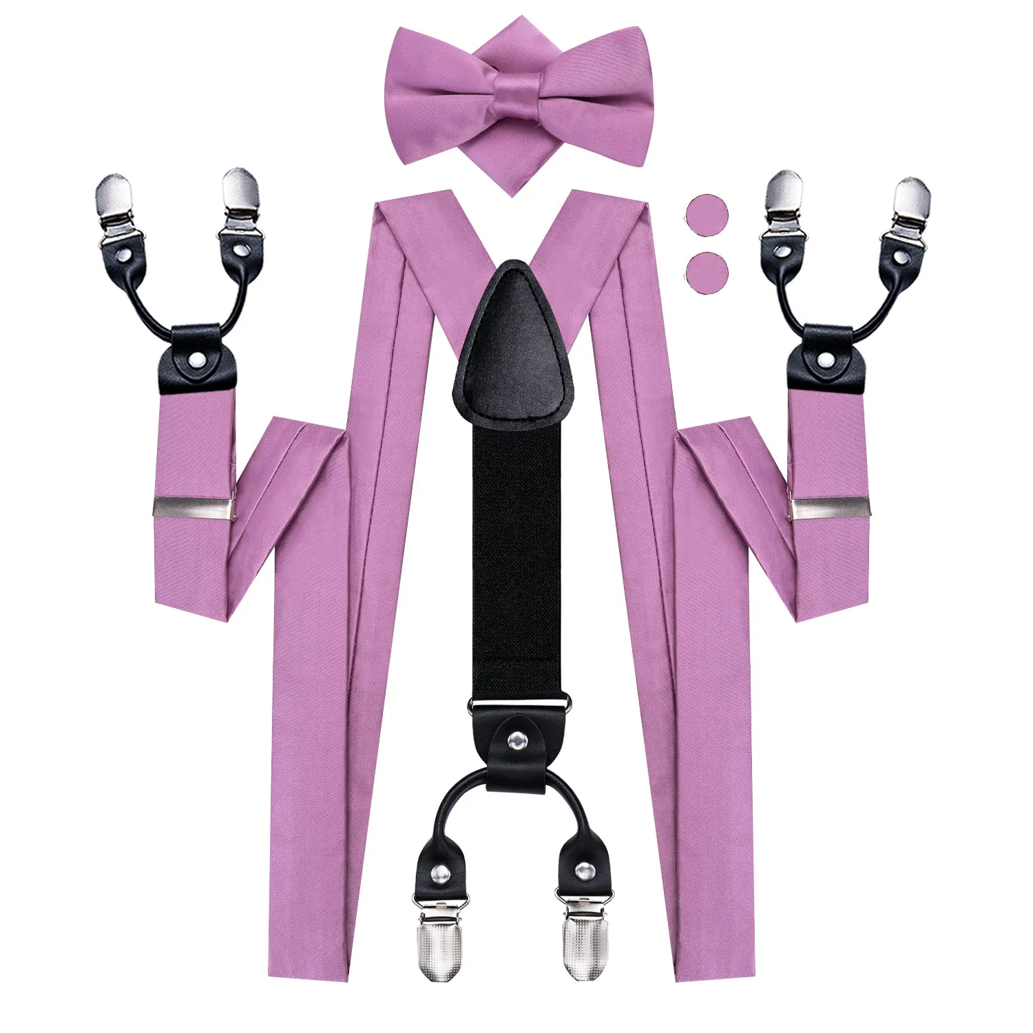 Hi-Tie Mens Purple Solid Silk Suspender Bowtie Hanky Cufflinks Set