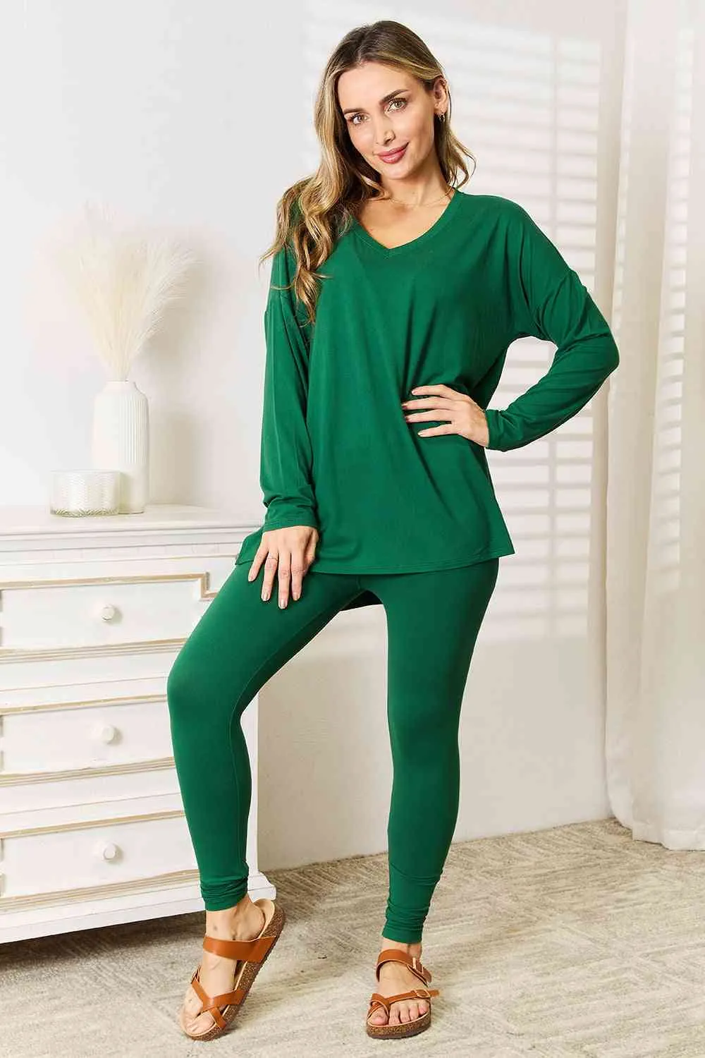 Long Sleeve Top and Leggings Set in Dark Green