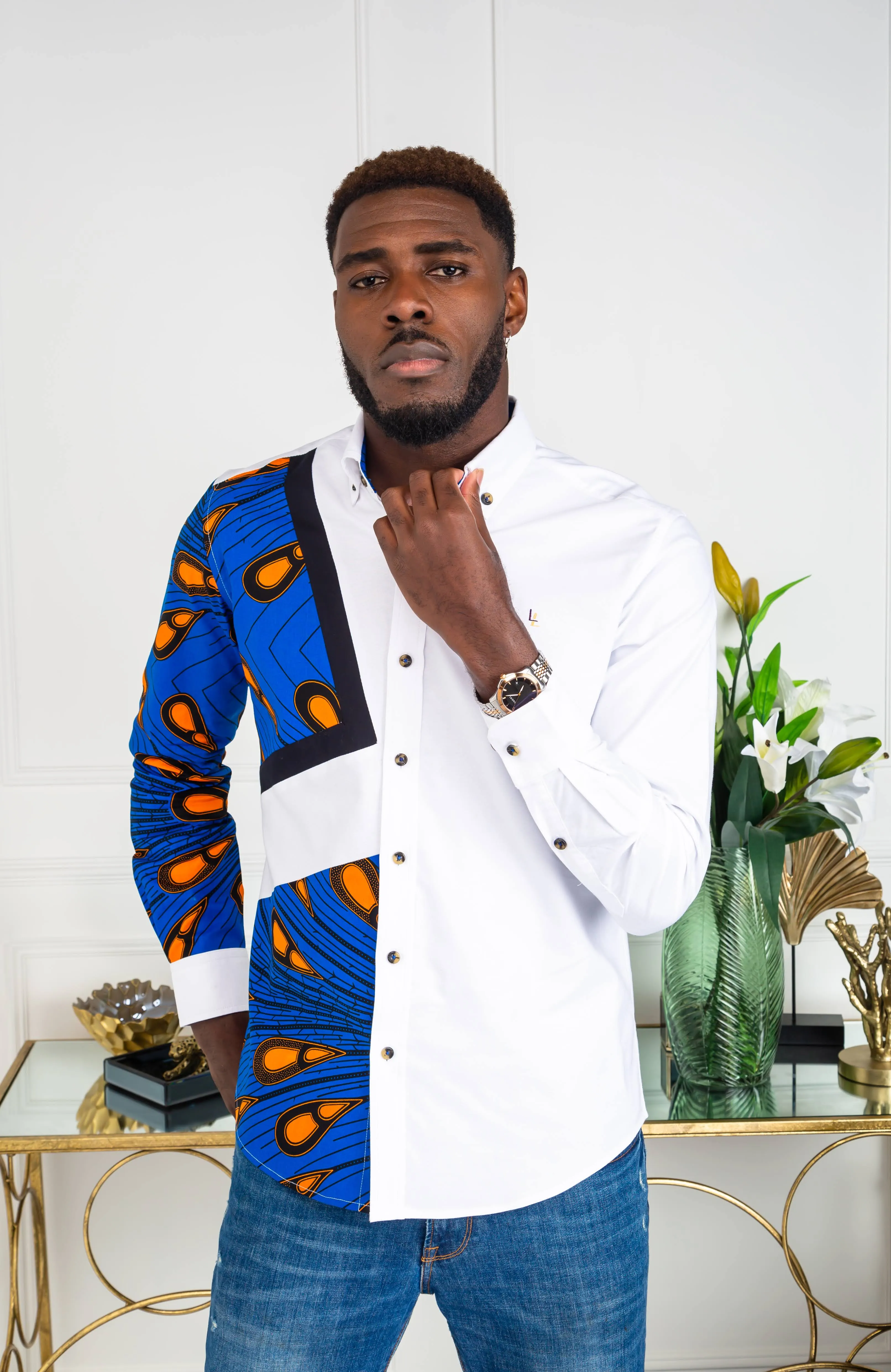 Mens Ankara Shirt | Mens African Shirt - Skinny Fit White Button Down Asymmetrical Shirt - ELIJAH