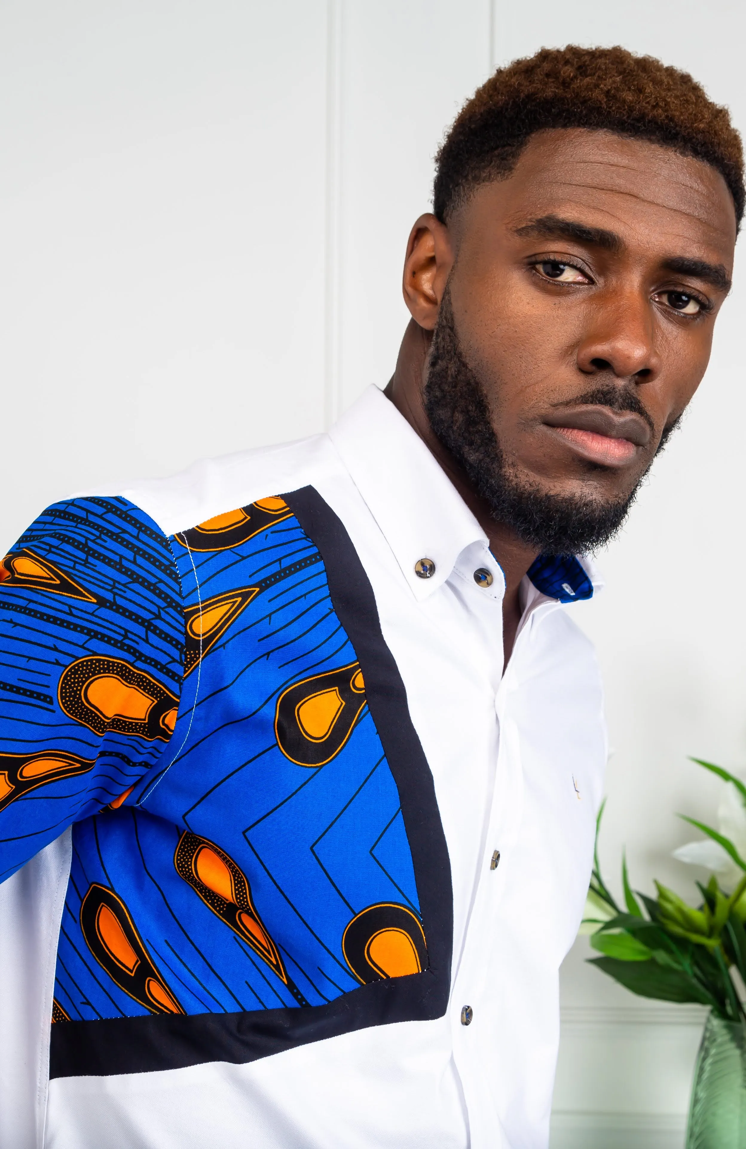 Mens Ankara Shirt | Mens African Shirt - Skinny Fit White Button Down Asymmetrical Shirt - ELIJAH