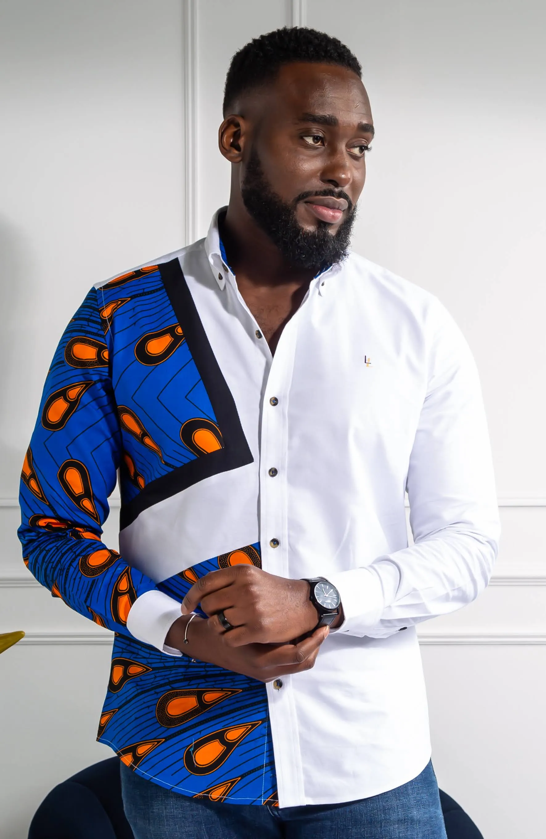 Mens Ankara Shirt | Mens African Shirt - Skinny Fit White Button Down Asymmetrical Shirt - ELIJAH