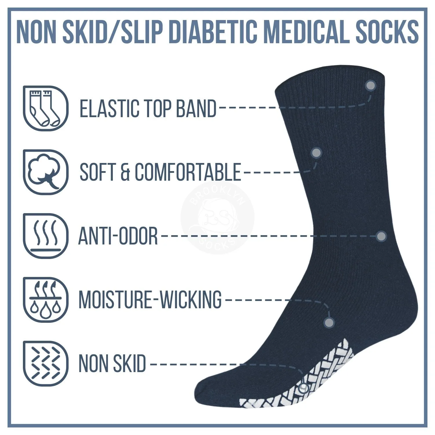 Men's Non Skid Diabetic Socks, Cotton With Rubber Gripper Bottom, Size 10-13