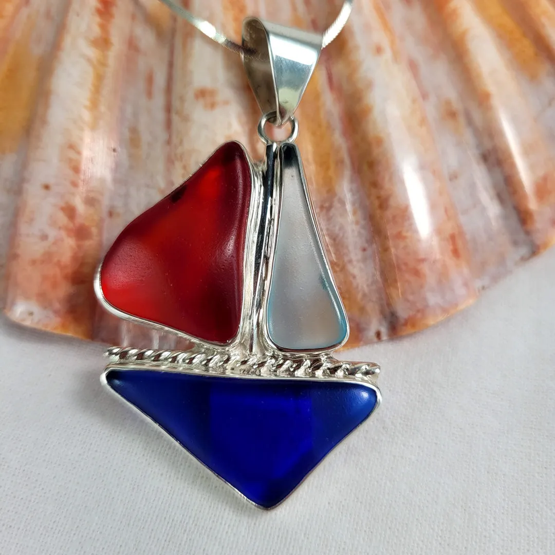 New England's Genuine Sea Glass Sailboat and Sterling Silver Pendant