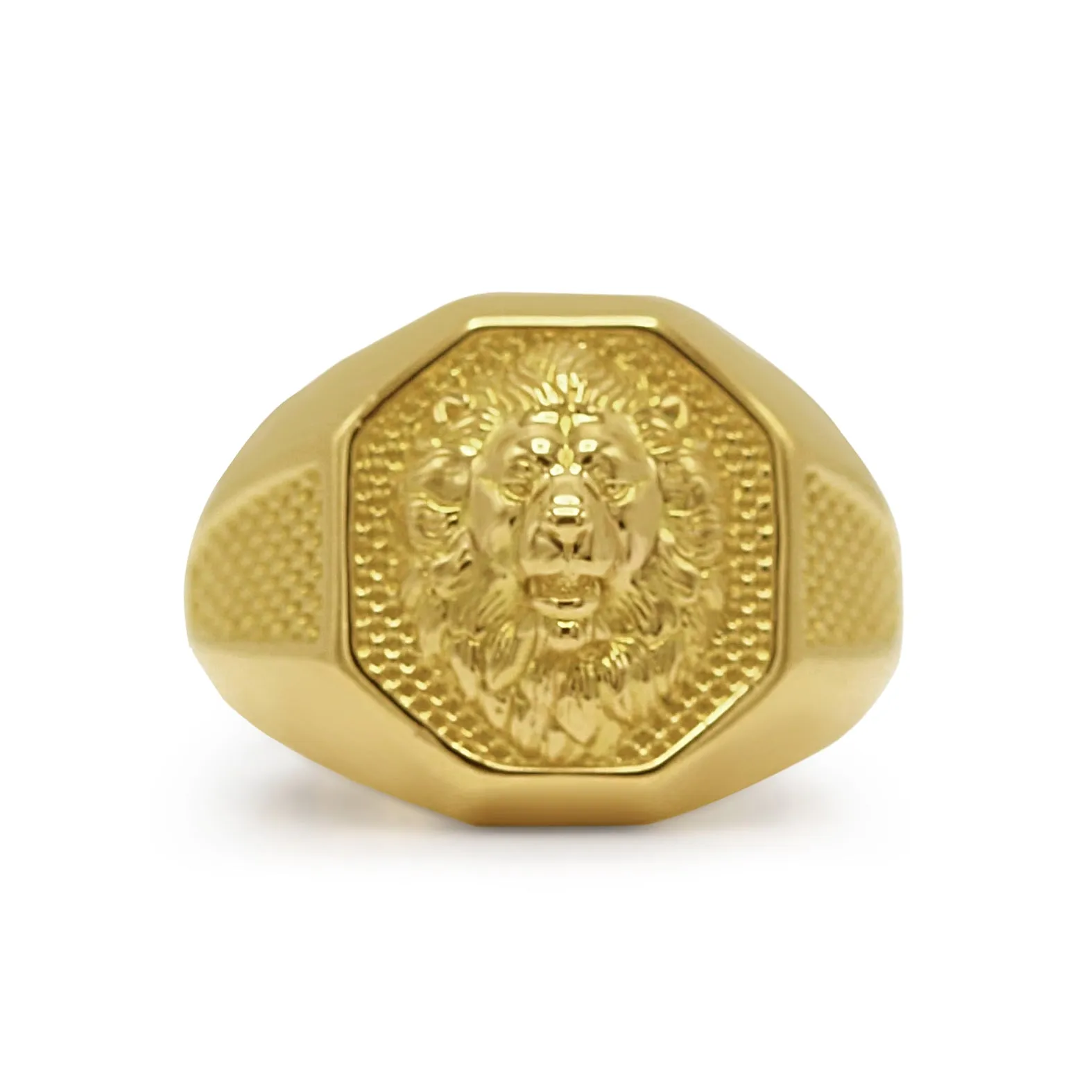 Polished / Textured Finished Lion Head Signet Ring - 18ct Yellow Gold