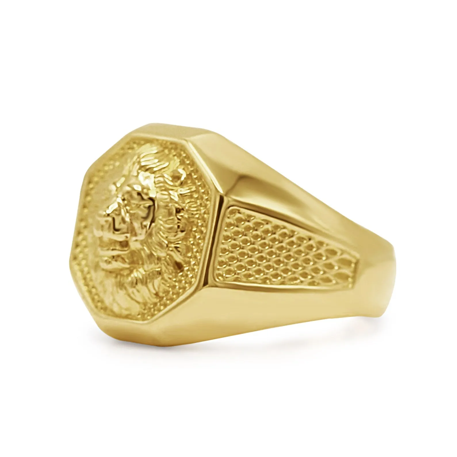 Polished / Textured Finished Lion Head Signet Ring - 18ct Yellow Gold