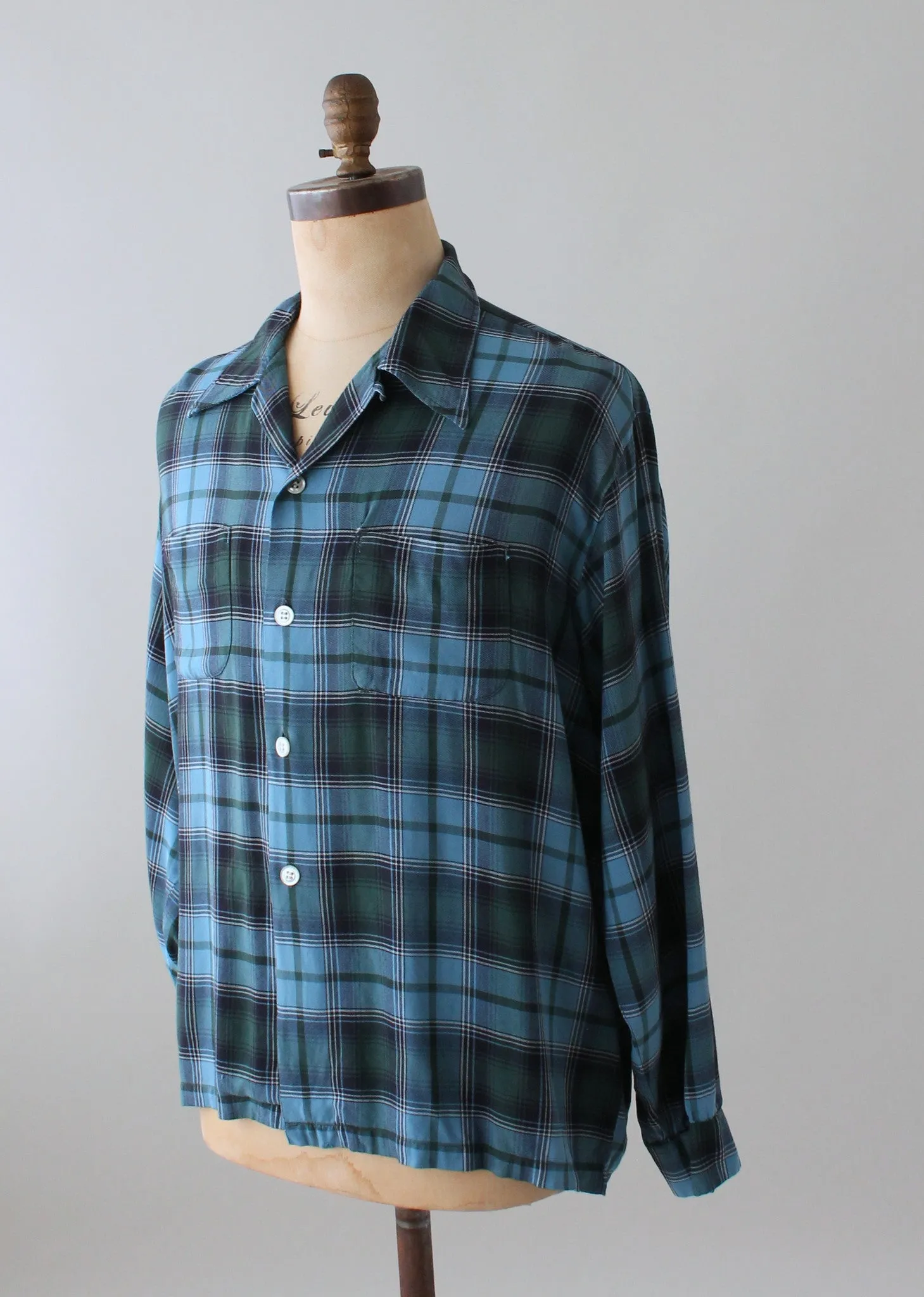 Vintage Blue Plaid Loop Collar Shirt